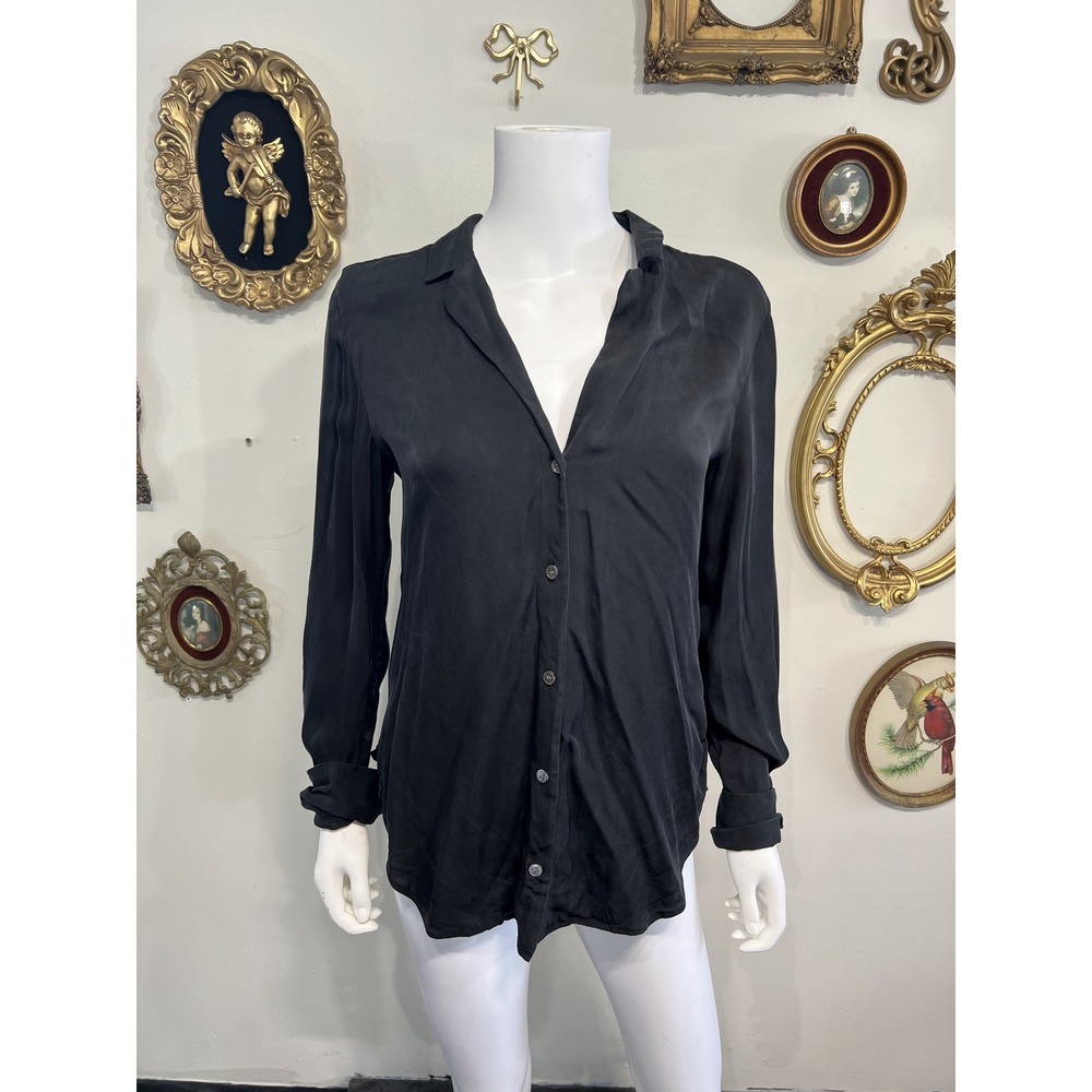 Theory Black 100% Pure Silk Long Sleeve Button Down Shirt Blouse Size Medium